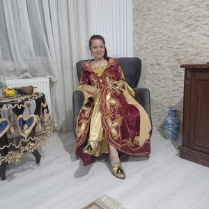 Burgundy Satin Ottoman Kaftan – Hand Embroidered Gold Robe, 1970s Turkish Henna Night Dress, Traditional Vintage Gown