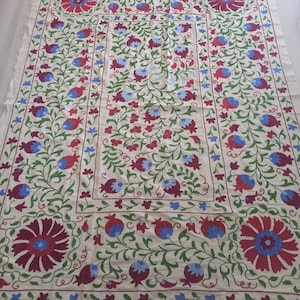 Hand-Embroidered Silk Suzani Cover: Uzbek Floral Textile Wall Hanging