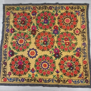 Antique 1920s Suzani Textile: Hand-Embroidered Floral Medallion Wall Hanging