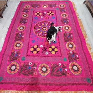 Fuchsia Silk Suzani Wall Hanging – 6.6x9.3 ft, Hand-Embroidered 1950s Uzbek Textile, Vintage Satin Panel, Decorative Collector Piece