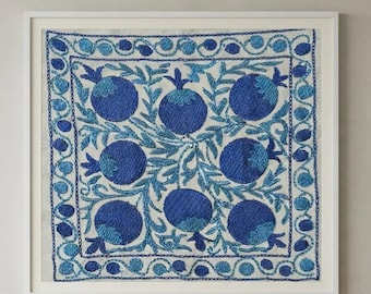 Embroidered Silk Suzani: 1'35x1'57 Blue Pomegranate Motif, (Un framed)