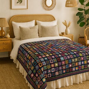 Manta Boho Crochê com Quadrados da Vovó: 178 x 229 cm (70 x 90") - Cobertor de Cama Grande em Patchwork