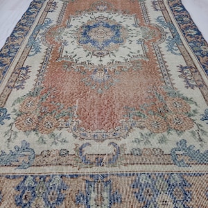 Vintage Oushak Rug 3,8x6,9ft – 1970s Turkish Carpet, Authentic Antique Wool Rug, antique turkish oushak carpet, ethnic old carpet