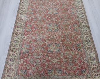 Vintage Red Oushak Rug 4x7 ft: Distressed Floral Small Area Rug
