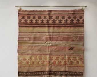 Antique Square Kilim Rug : 3x3ft Authentic Flatweave Wool Boho Wall Hanging Tapestry