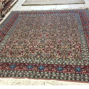 Rose Floral Hereke Rug – 7.1x8.5 ft Handwoven Wool on Cotton, 1970s Turkish Carpet