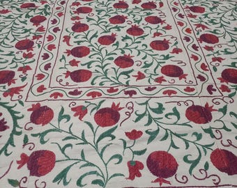 Silk Embroidered Suzani: Red Pomegranate Floral Textile Wall Hanging (4.8x6.5 ft)