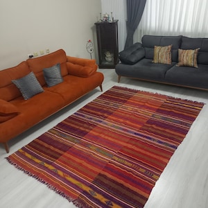 Colorful Turkish Kilim – 6x8 ft, 1940s Handwoven Wool Flatweave, Naturally Dyed Striped Anatolian Kilim, Boho Home Decor