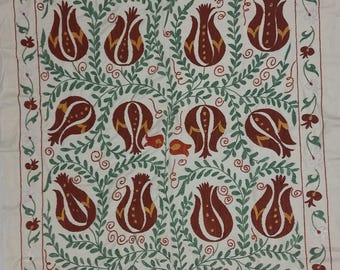 Wall Hanging Suzani – 1960s Silk Embroidered Burgundy Tulip Design