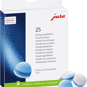 May include: A box of 25 cleaning tablets from Jura. The box is white with blue accents and features the Jura logo in red. The tablets are blue and white, and the box states they clean, care, and protect.