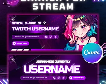 Neon Cyberpunk Stream Overlay & Twitch Banner Templates | Canva Editable Download