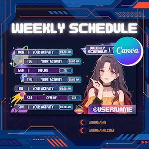 May include: A digital weekly schedule template with a space theme. The schedule includes days of the week, time slots, and a section for activities. The design features a cartoon character and the text "WEEKLY SCHEDULE".
