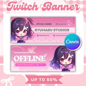 May include: Pink Twitch banner design with the text "Twitch Banner" at the top. The banner features anime-style illustrations and the text "RYUMARU STUDIOS". The banner also includes the text "OFFLINE" and "UP TO 50%" with social media icons.