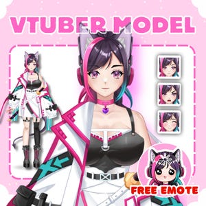 May include: Digital illustration of a VTuber model with pink and black hair, cat ears, and a white and pink outfit. The image includes a full body pose and three facial expressions, with the text "VTUBER MODEL" and "FREE EMOTE".