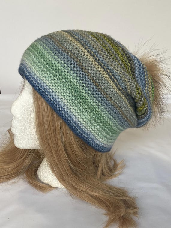 Slouchy Merino Garter Stitch Beanie Blue Stripes Hat Israel