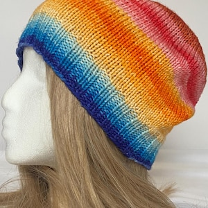 Magical Bright Beautiful Slouch beanie merino stripes hand knit hand dyed yarn winter hat colorful rainbow