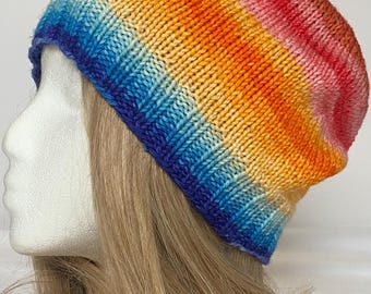 Magical Bright Beautiful Slouch beanie merino stripes hand knit hand dyed yarn winter hat colorful rainbow
