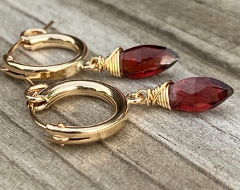 Garnet Gold Hoop Earrings