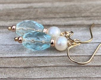 Aqua Quartz PearlGold Earrings