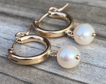 Tiny Gold Hoop Pearl Earrings