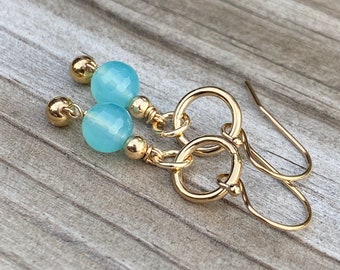Caribbean Blue Chalcedony Wire Wrapped Gold Earrings