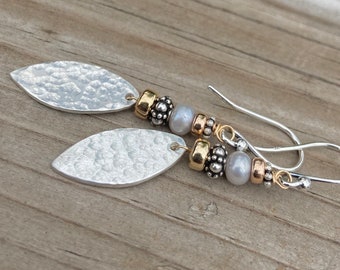Mixed-Metal Hammered Silver gold Pearl Dangle Earrings