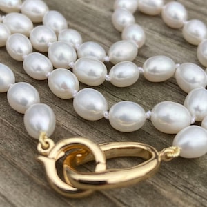 Hand-Knotted Rice Pearl Necklace: 9mm White Pearls, Gold Clasp