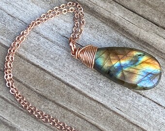 Spectacular Labradorite Thunderstorm Rose Gold Necklace