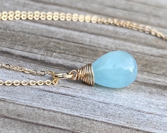 Heartbreakingly Beautiful Milky Aquamarine Gold Fill Wire Wrapped Pendant Necklace March Birthstone