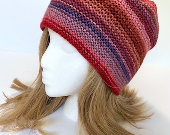 Vibrant Merino Garter Stitch Beanie Earthy Stripes Button Hat