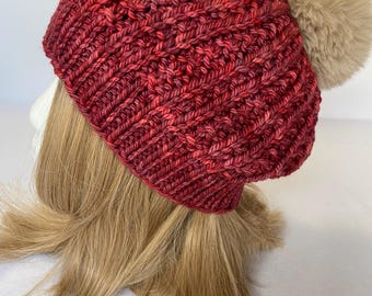 Red slouchy beanie luxe merino pompon hat