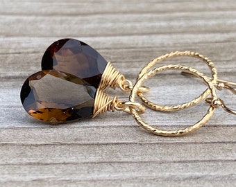 Whiskey Quartz Gold Link Wrapped Earrings