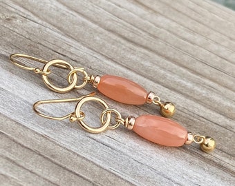 Peach Moonstone Wire Wrapped Gold Earrings June Birthstone