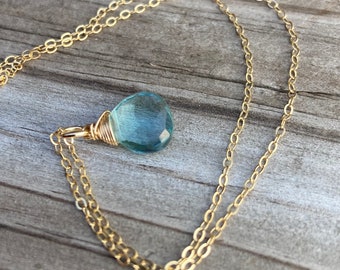 Aquamarine Gold Fill Wire Wrapped Pendant Necklace March Birthstone