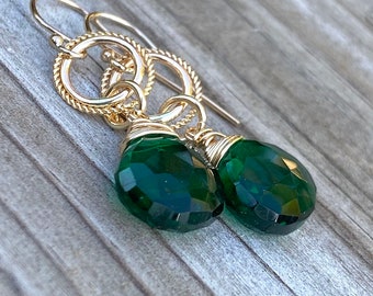 Emerald Green Quartz Gold Link Earrings