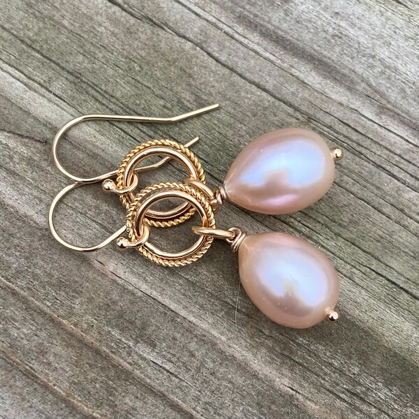 Pink Pearl Drop Gold Link Earrings