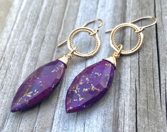 Purple Mojave Turquoise Gold Circle Earrings