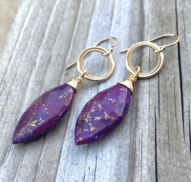 Purple Mojave Turquoise Gold Circle Earrings image 1