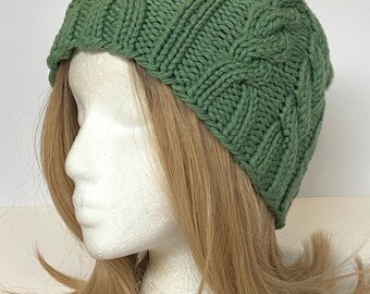 Green Chunky Cable Knit Beanie Winter Hat