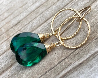 Emerald Green Quartz Gold Link Earrings