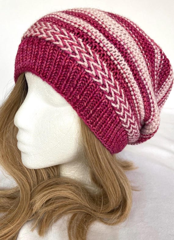 Slouchy Merino Garter Stitch Beanie Pink Stripes Hat