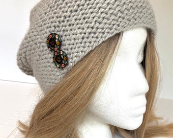Softest Luxe Alpaca Silk Merino Blend Gray Ecru Slouch  Knit Beanie Button Winter Hat