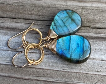 Stunning Blue Flash Labradorite Gold Circle Earrings