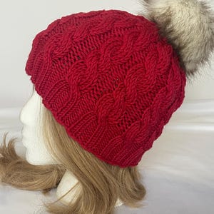 Red merino hand knit cable beanie pompon winter hat