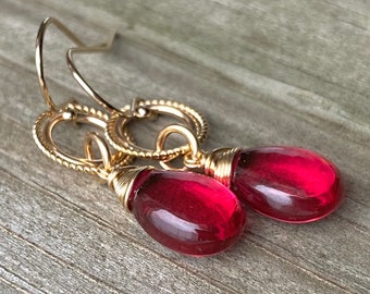 Luscious Ruby Red Quartz Gold Link Earrings