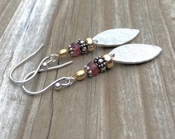 Mixed-Metal Hammered Sterling Silver Gold Garnet Dangle Earrings