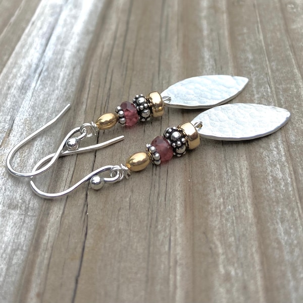 Mixed-Metal Hammered Sterling Silver Gold Garnet Dangle Earrings