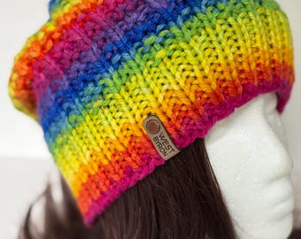Exuberant rainbow beanie merino stripes hand knit hat