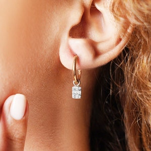 Baguette Diamond Hoop Earrings in 14K Solid Gold, Dainty Huggies, Baguette Huggie Hoop, Baguette Dangle Earrings, Cz Baguette Earrings