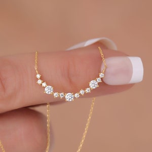 Horizontal Cz Diamond Necklace in 14K Solid Gold, Dainty Bar Necklace, Minimalist Gold Necklace, Curved Bar Necklace, Wedding Necklace